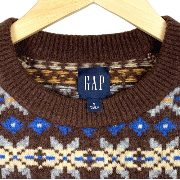 GAP Mens Sz S Fair Isle Nordic Crew Neck Brown Blue Wool Blend Sweater - Picture 7 of 8